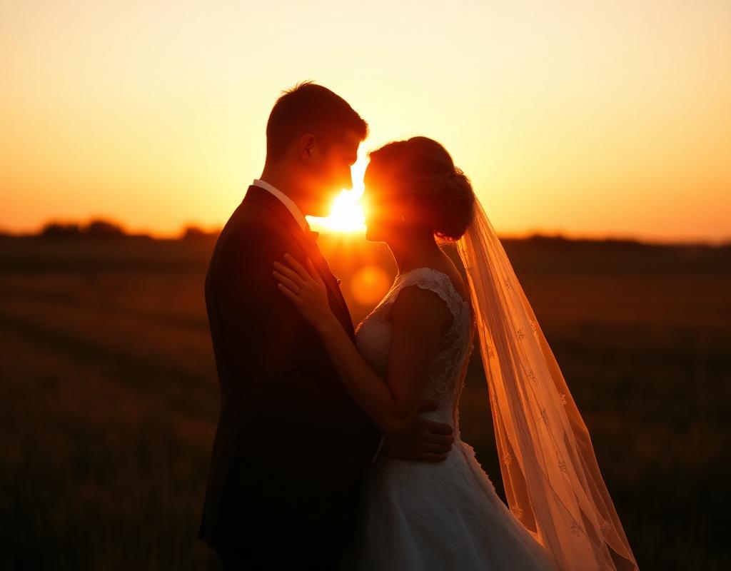 Bride and groom at golden hour