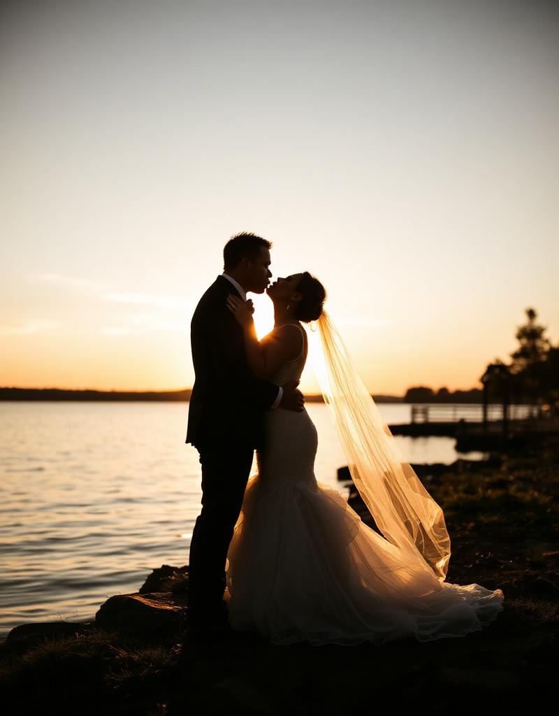 Sunset lakeside kiss